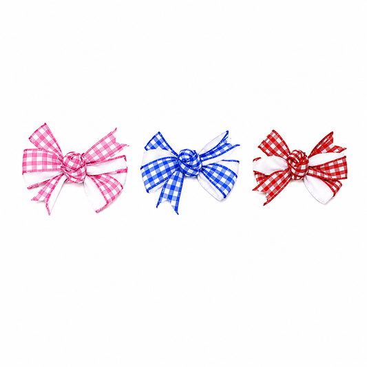 Dog Hair Bows-White Satin Gingham Knot Barrettes