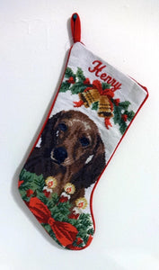 Needlepoint Christmas Dog Breed Stocking -Dachshund - Brown with Bells and Candles - A Pet's World