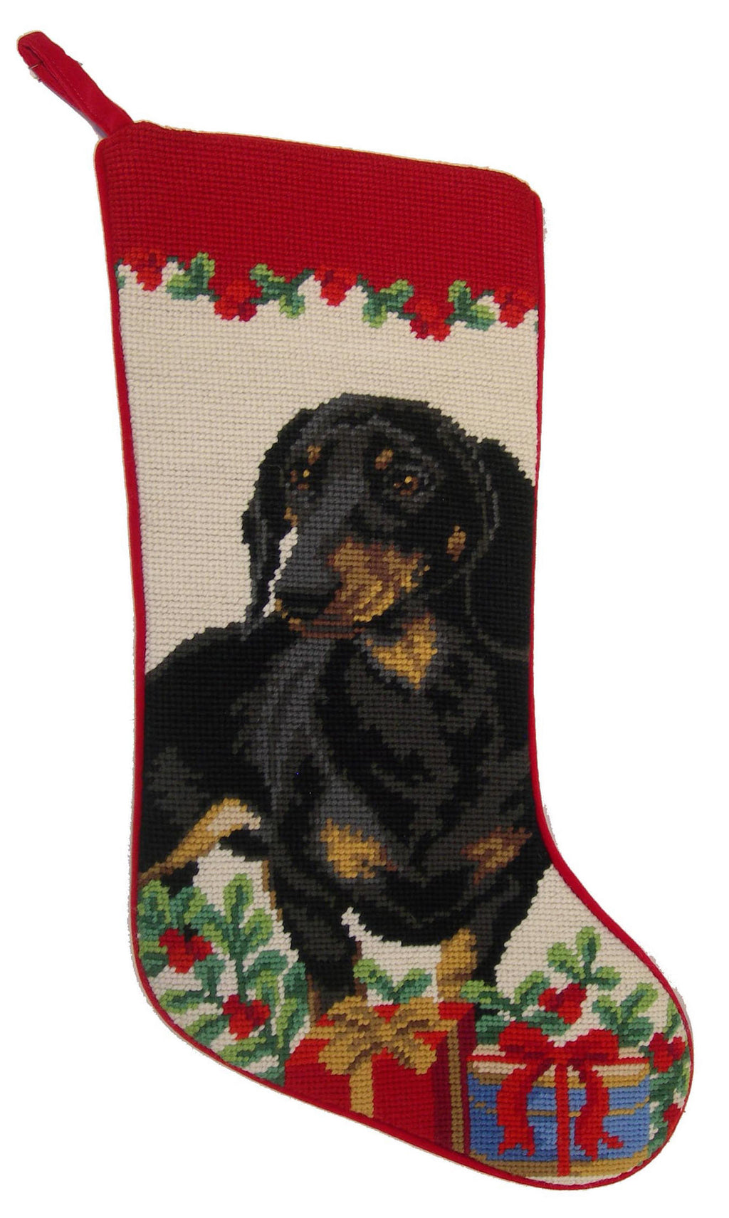 Needlepoint Christmas Dog Breed Stocking -Dachshund Black + Brown with Presents - A Pet's World