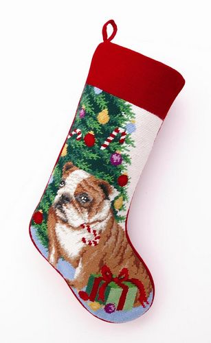 Needlepoint Christmas Dog Breed Stocking - Bulldog + Tree - A Pet's World