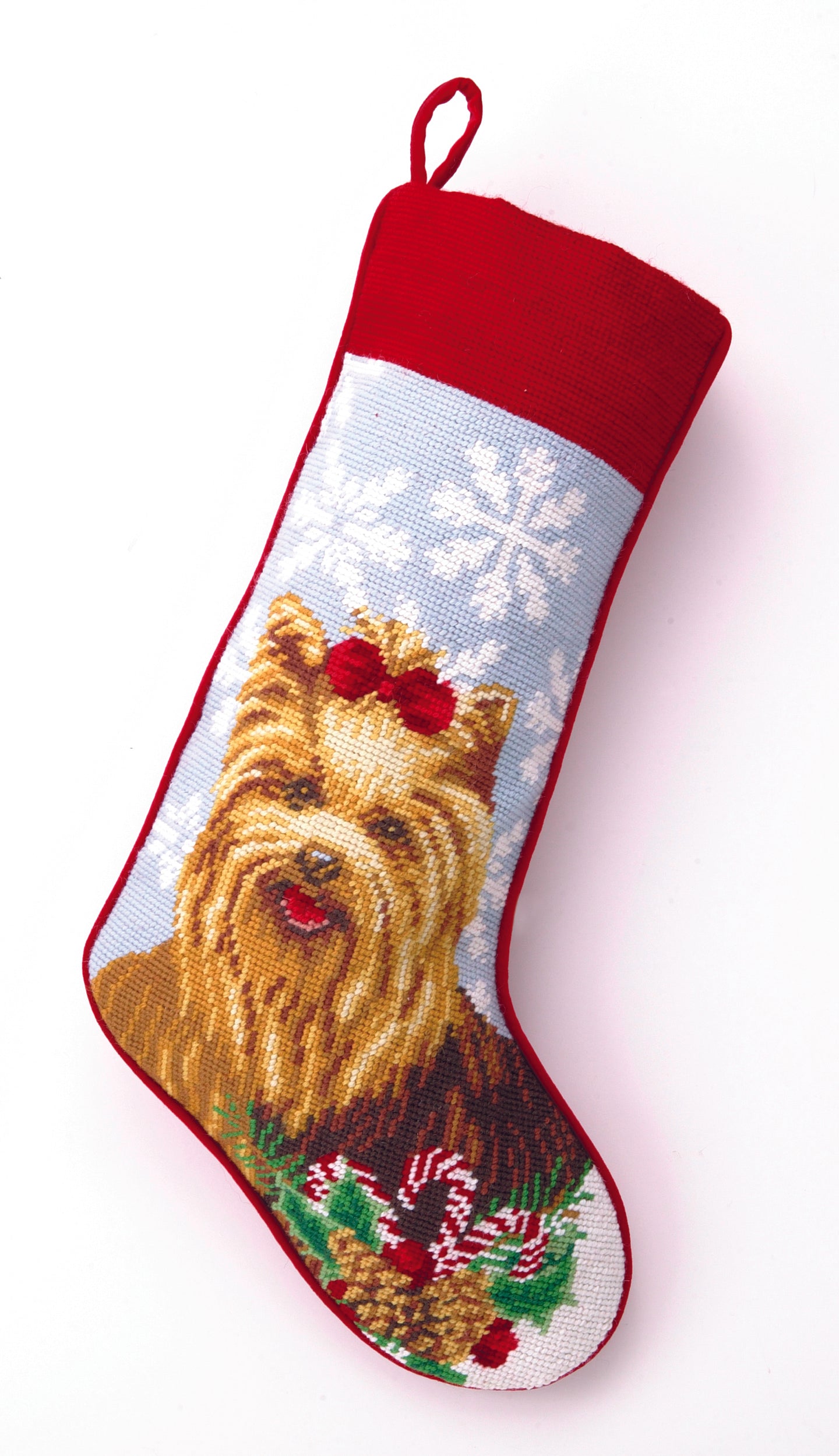 Needlepoint Christmas Dog Breed Stocking -Yorkie with Snowflakes - A Pet's World