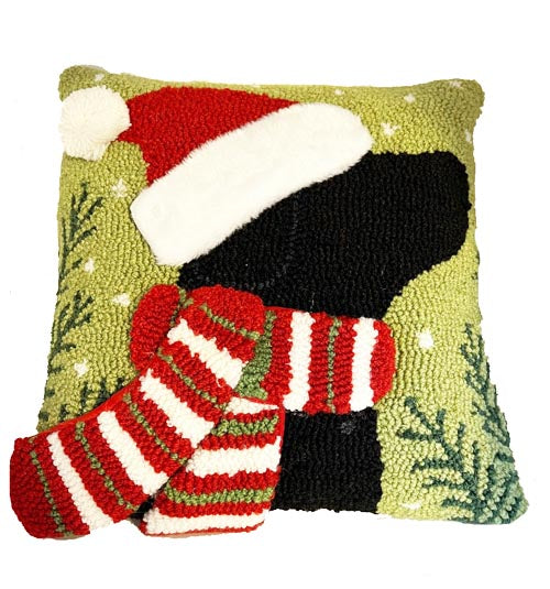 3 dimensional hook pillow Black Labrador Retriever with knitted striped scarf , Santa Hat with PomPom Green Red and White colors