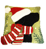 Load image into Gallery viewer, 3 dimensional hook pillow Black Labrador Retriever with knitted striped scarf , Santa Hat with PomPom Green Red and White colors
