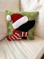 Load image into Gallery viewer, Hook Pillow-Black Lab with Knitted Scarf and Santa Hat
