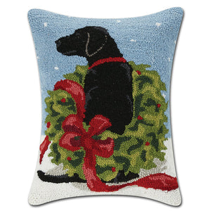 Black Lab with Wreath and Red Bow Hook Pillow 
