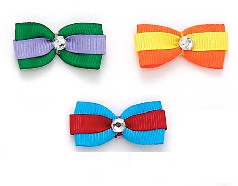Dog Hair Bows- Bright Double Grosgrain Bows with Rhinestone - A Pet's World