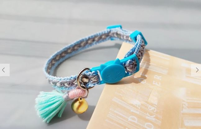 Blue/Grey adjustable cat collar with tassel and bell.