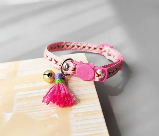 Adjustable quick-release Pink Cat Collar with Pink Tassel and Bell