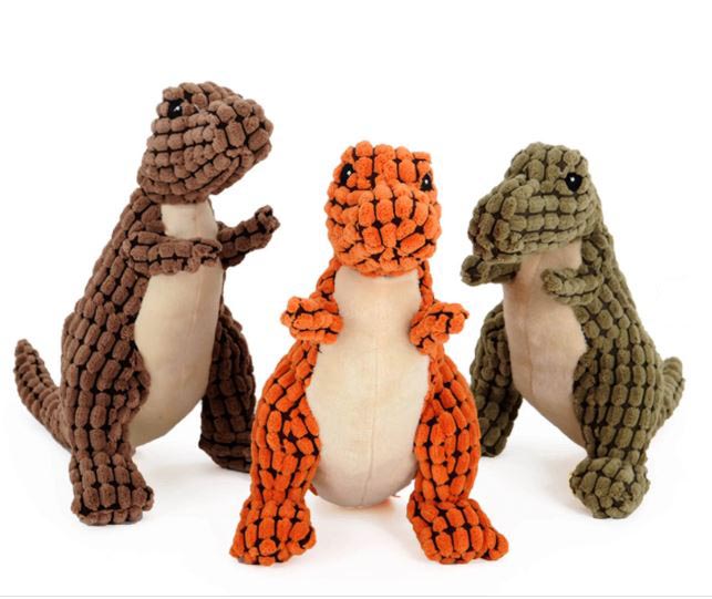 Unique Dinosaur Plush dog toy with squeaker and textured fabric