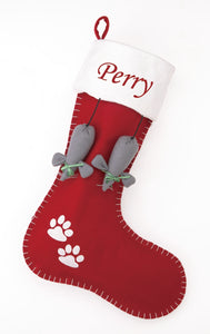 Christmas Cat Stocking Red + White Felt with Dangling Mice - A Pet's World