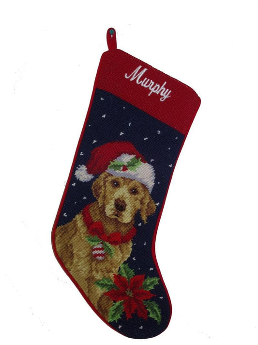 Needlepoint Christmas Dog Breed Stocking - Golden Retriever with Santa Hat - A Pet's World