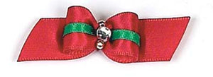 Dog Hair Accessory- Red and Green Rhinestone Stripe Starched Show Bow Barrette - A Pet's World