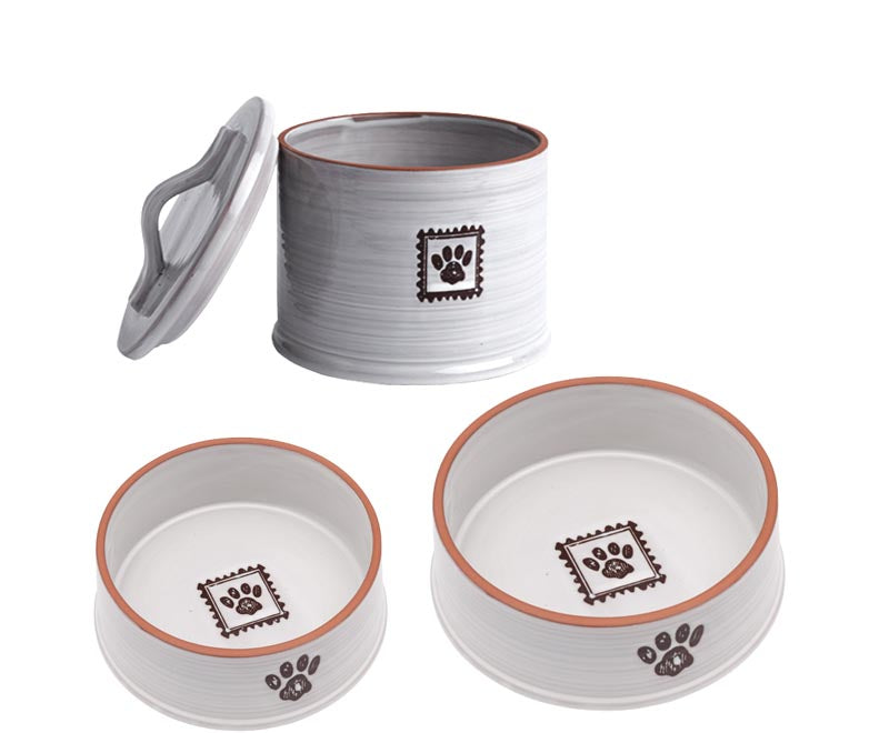 Ceramic Paw Print Dog Dishes + Treat Jar - A Pet's World