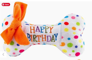 Happy Birthday soft dog bone toy wit squeaker and bow 
