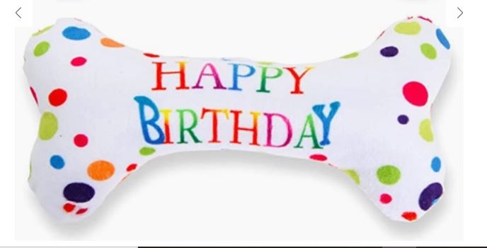 Back view of Happy Birthday Dog bone toy with squeaker
