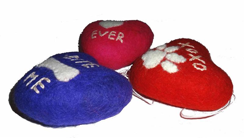 Dog Toy- 3 Heart Felt Squeaker Toys - A Pet's World