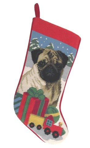 Needlepoint Christmas Dog Breed Stocking -Fawn Pug with Presents - A Pet's World