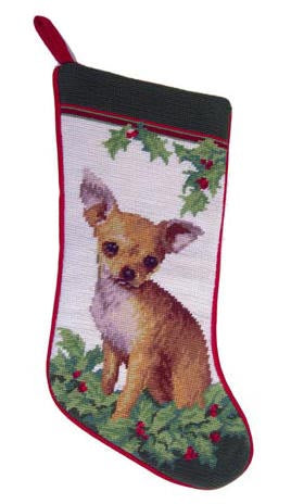 Needlepoint Christmas Dog Breed Stocking - Chihuahua Tan with Holly - A Pet's World