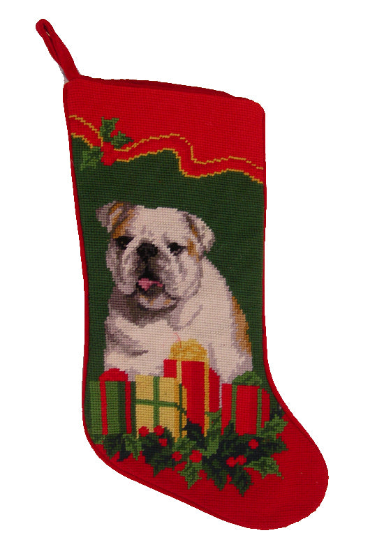 Needlepoint Christmas Dog Breed Stocking - Bulldog + Presents and Holly - A Pet's World