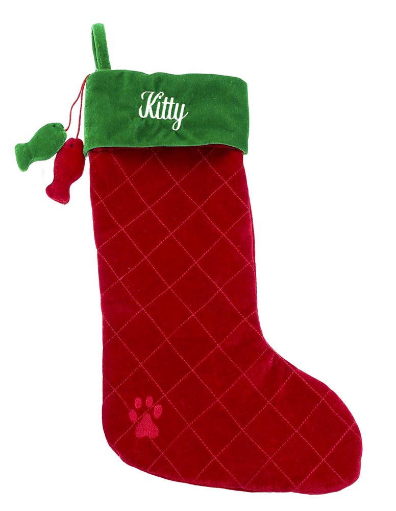 Christmas Cat Stocking Tall Red + Green with Dangling Fish - A Pet's World