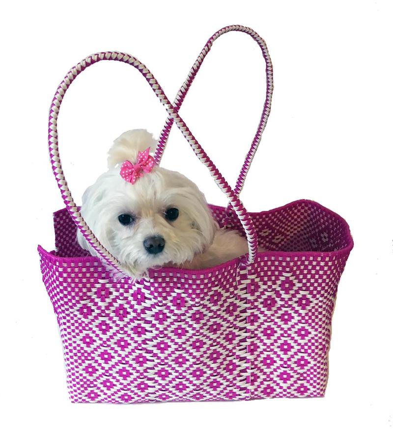 Dog Totes-Handwoven Light Weight Recycled Material-Hot Pink + White - A Pet's World