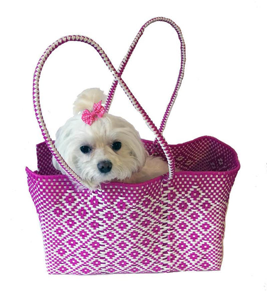 Dog Totes-Handwoven Light Weight Recycled Material-Hot Pink + White - A Pet's World
