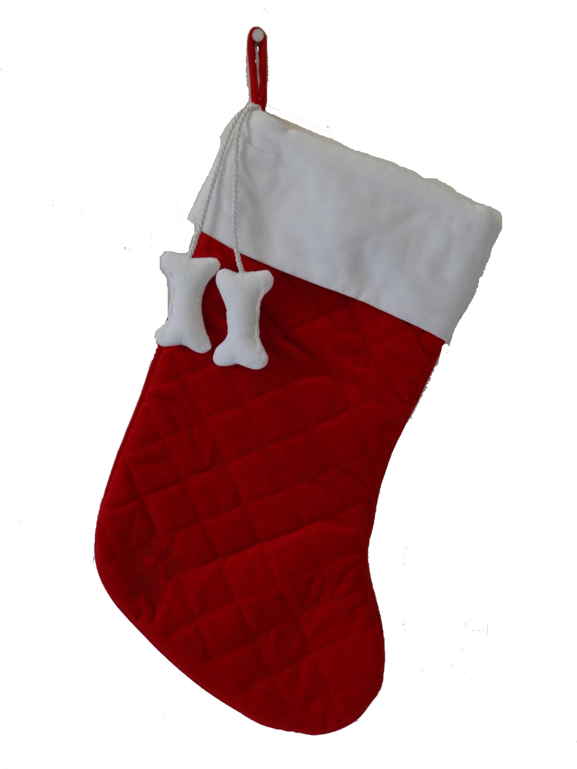 Christmas Dog Stocking Red + White Velvet with Dangling Dog Bones - A Pet's World