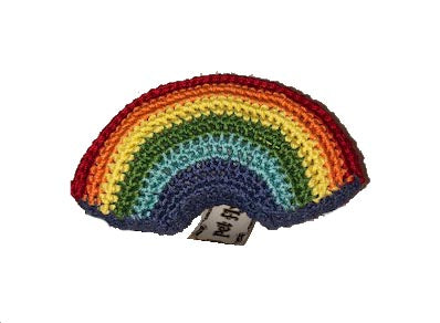 back view of rainbow crochet dog squeaky toy