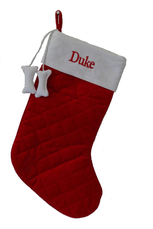 Christmas Dog Stocking Red + White Velvet with Dangling Dog Bones - A Pet's World