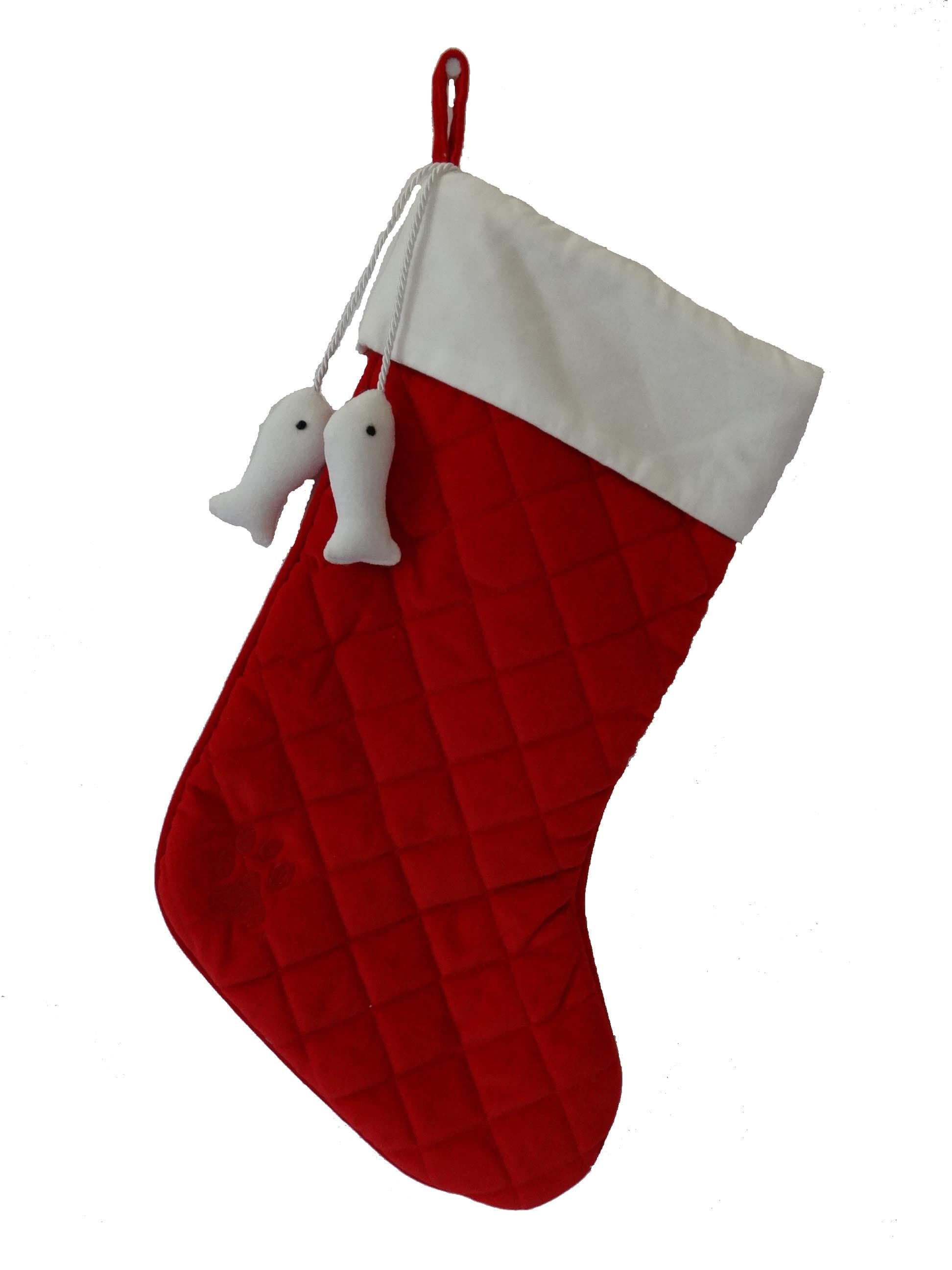 Christmas Cat Stocking-Red + White Velvet with Dangling Fish - A Pet's World