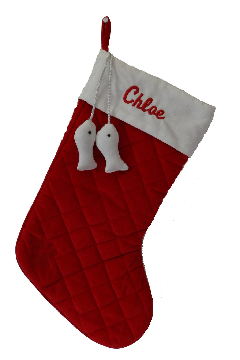 Christmas Cat Stocking-Red + White Velvet with Dangling Fish - A Pet's World