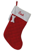 Load image into Gallery viewer, Christmas Dog Stocking Red + White Velvet with Dangling Dog Bones - A Pet&#39;s World
