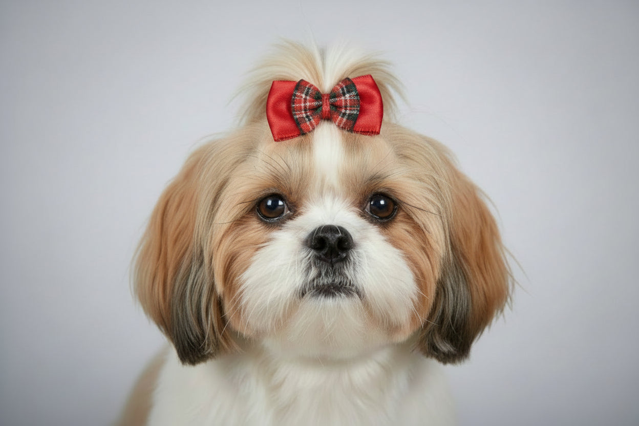 Dog Bows-Red Satin Bow with Tartan Plaid - A Pet's World