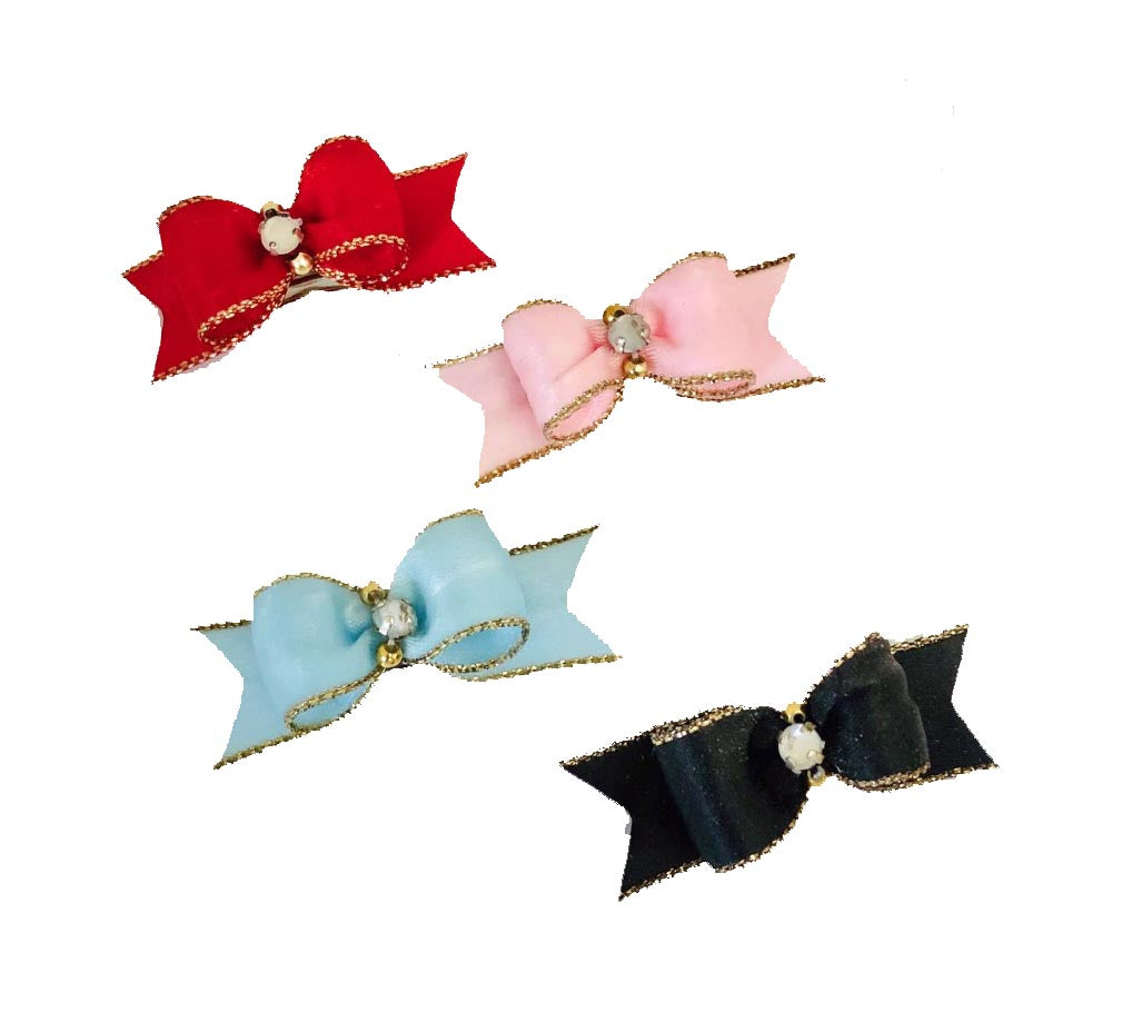 Elegant Satin Starched Show Bows with gold metallic edge centered rhinestone and 2 gold beads.  