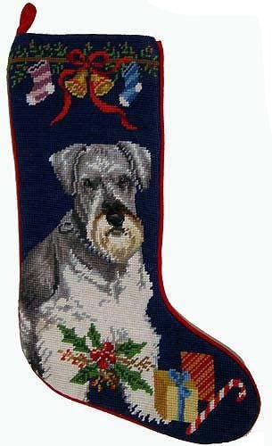 Needlepoint Christmas Dog Breed Stocking - Schnauzer with Bow and Bells