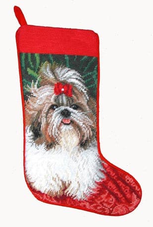 Needlepoint Christmas Dog Breed Stocking - Shih Tzu with Red Bow - A Pet's World