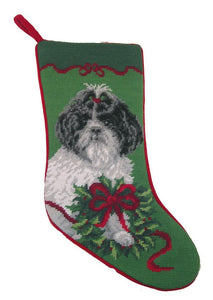 Needlepoint Christmas Dog Breed Stocking - Shih Tzu with Wreath - A Pet's World