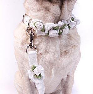 Embellished White Ribbon Dog Leashes with Petal Flowers and Pearls - A Pet's World