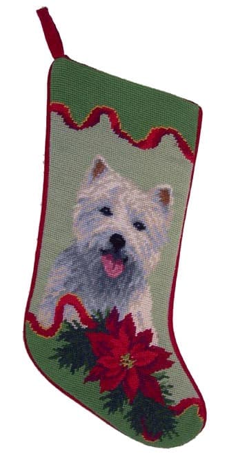 Needlepoint Christmas Dog Breed Stocking - Westie with Poinsettia - A Pet's World