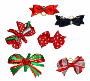 Dog Hair Bows- Group of Six Fancy Dog Christmas Bows with Elastics - A Pet's World