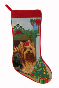Needlepoint Christmas Dog Breed Stocking -Yorkie + Fireplace - A Pet's World